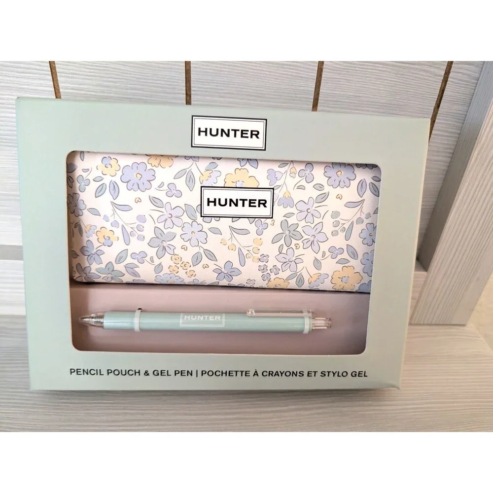 HUNTER Floral Pencil Pen Pouch & Gel Pen Boxed Gift Set Green & Floral New